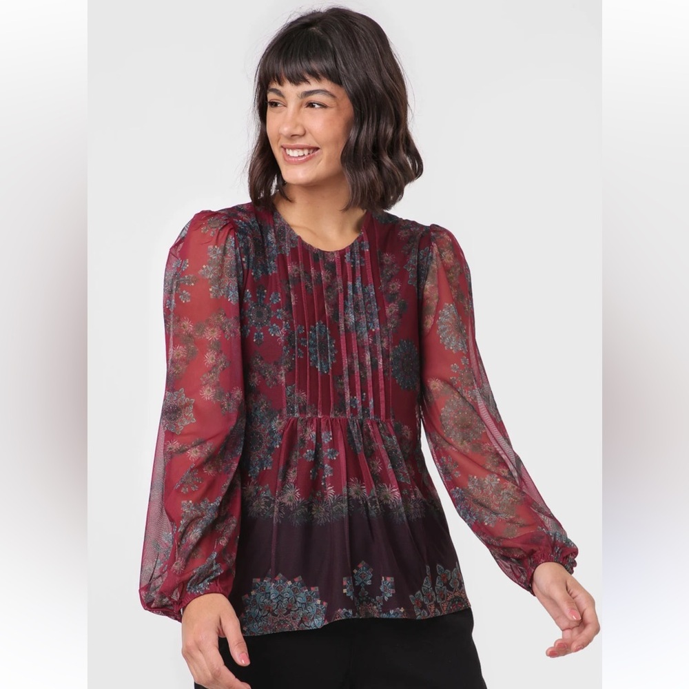 Desigual Burgundy Floral Mesh Blouse Sheer Sleeve Boho Top Size large Chic
